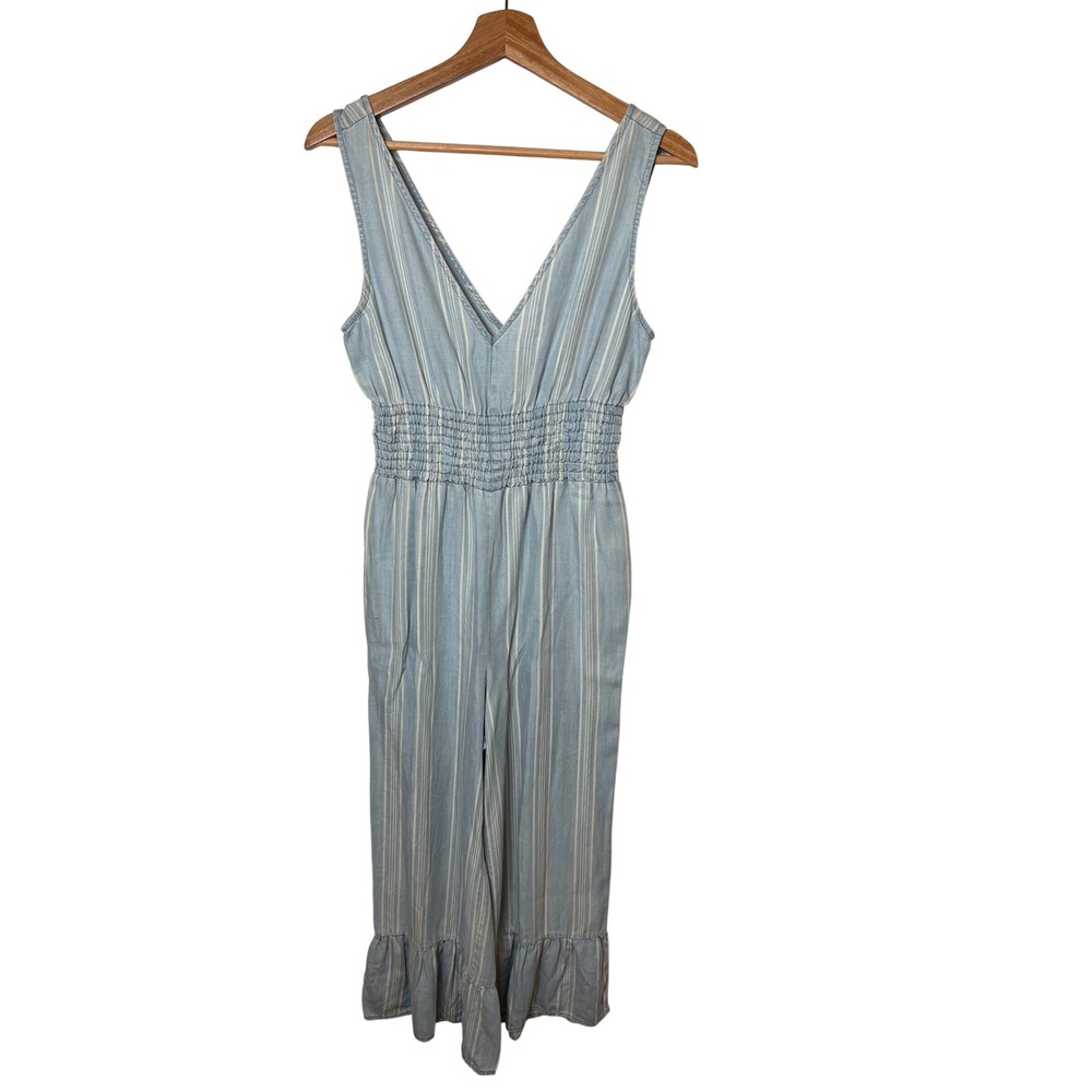 BB Dakota Striped Lyocell V-Neck Smocked Waist Ruffle Hem Jumpsuit Blue White XS